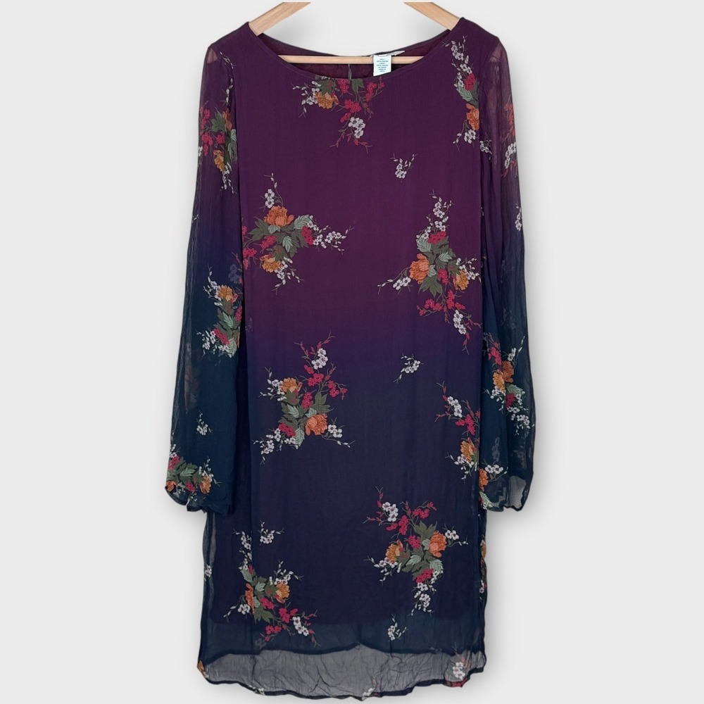 Sundance Vanderberg Floral Ombre Long Bell Sleeve Dress Boho Chiffon Size M